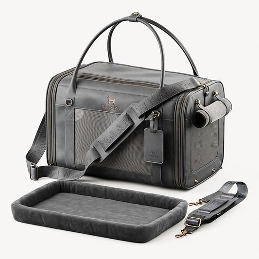 Noah & Paw Cat Carrier Soft Dog Carrier for Small Dogs, TSA Airline Approved 18x11x11in Cat Crate, Pet Travel Crate, Small Pet Kennel, Mattress Included, Charcoal Faux Leather