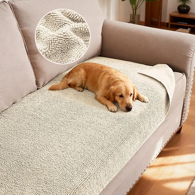 H.VERSAILTEX Non Slip Pet Couch Cover Chenille Dog Bed Protector Thick Soft Sofa Slipcover Pet Friendly Washable Couch Cushion Covers for Pets (30" x 53", Ivory)