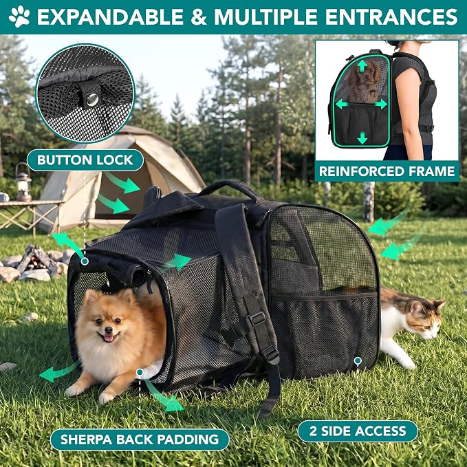 PetAmi Expandable Dog Backpack Carrier for Cats & Pets, Breathable Cat Carrier Backpack with Top Window & Multi-Entry, Ventilated Foldable Travel Carrier for Small Medium Pets up to 18 lbs, Black
