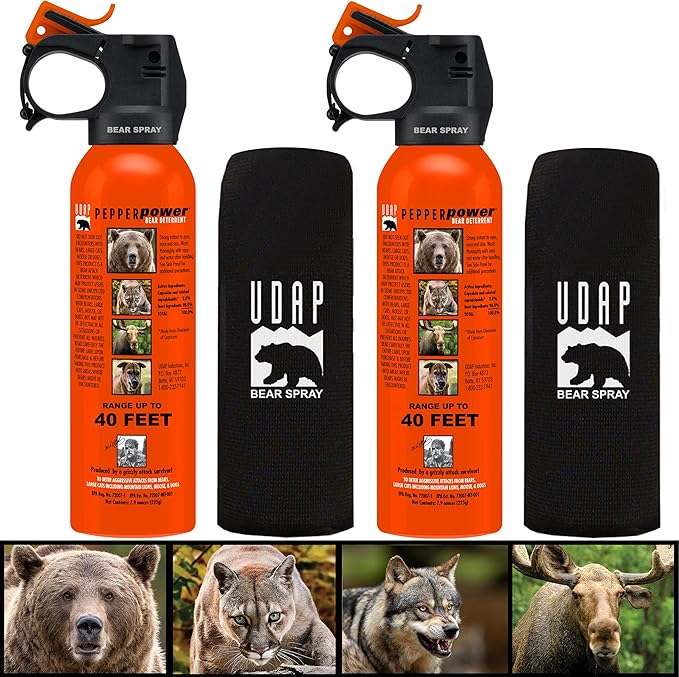 UDAP Pepper Power Bear Spray Self Defense Deterrent with Holster for Camping, Hiking, Fishing, Powerful Blast Pattern, 30 ft Fog Barrier, Safety Orange, SO2, 7.9 oz, 2 Pack