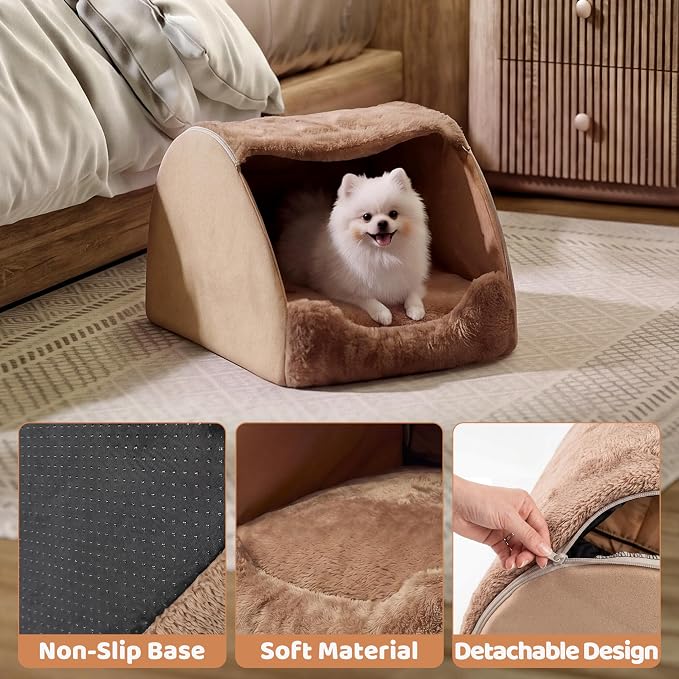 LATIBELL Indoor Puppy House Foldable Pet Tent Cave Bed ，Brown | Covered Cave Bed, For Small Dogs and Cats, Removable Washable Puppy Kennel, Soft Cushion