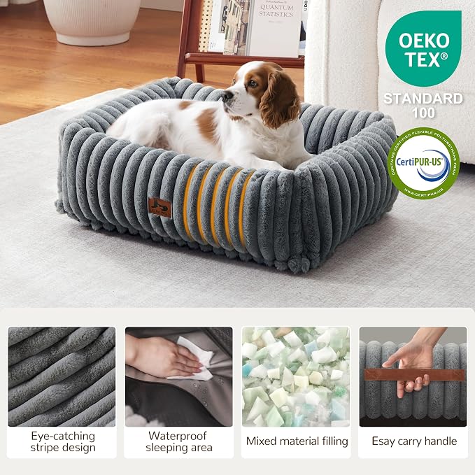 Washable Dog Bed Small Medium Size Dog, Rectangle Orthopedic Pet Bed for Car and Indoor,Fluffy Memory Foam Dog Beds with Anti-Slip Bottom,Grey(25x21x7inchs)
