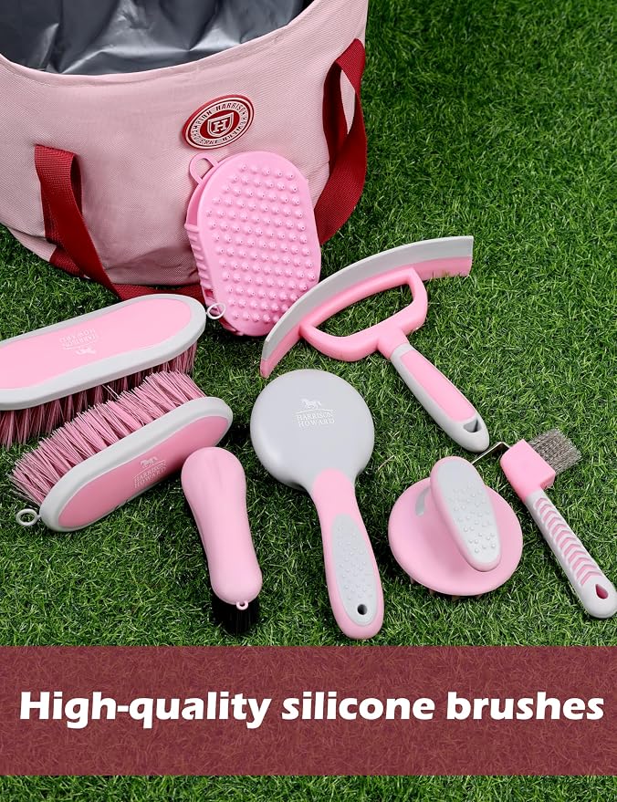Harrison Howard Horse Grooming Kit 9 Piece with Tote, Non-Slip Silicone Grip Brush Set for Horses, Shedding Bathing Daily Care, Beginner Friendly Pink