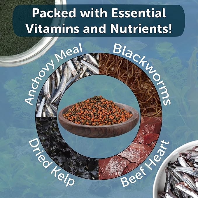Aquatic Foods Inc. 1mm -1/32" California Blackworm & Beef Heart Floating Pellets for Marines, Cichlids, Tropical Fish, Koi & Pond Fish, 4-Type Wafer & 12-Type Pellet Mix Included 3.8oz Canister