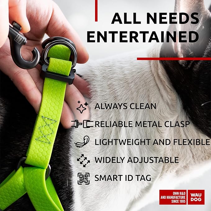 WAUDOG Waterproof Heavy Duty Dog Harness - Adjustable for Large Dogs, Small & Medium - Durable Metal Clasps, QR Dog Tag - Green (20-32in)