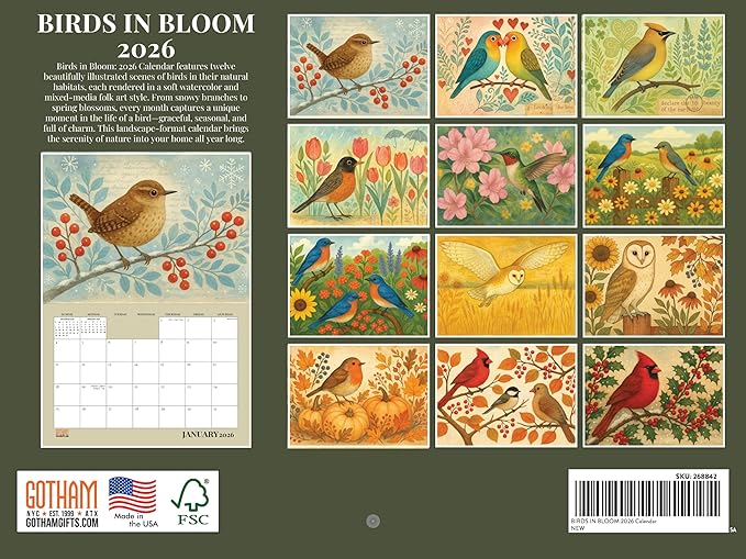 Watercolor Bird Calendar 2026 Wall Monthly Birds Gifts For Bird Lovers Women Men | American Made In The USA