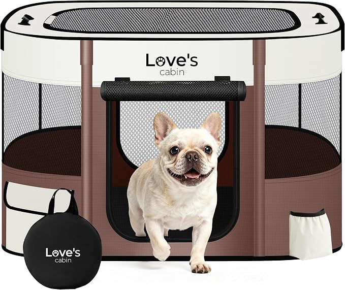 Love's cabin Pet Puppy Dog Playpen, Small Dog Tent Crates Cage Indoor/Outdoor, Portable Exercise Playpen for Cat, Foldable Pop Up Dog Kennel Playpen with Carring Case (S, Brown)