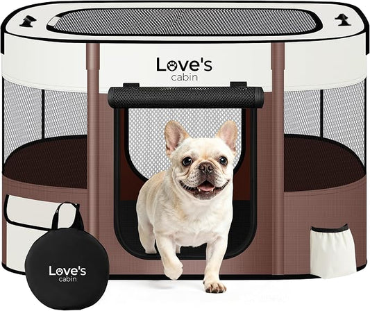 Love's cabin Pet Puppy Dog Playpen, Small Dog Tent Crates Cage Indoor/Outdoor, Portable Exercise Playpen for Cat, Foldable Pop Up Dog Kennel Playpen with Carring Case (S, Brown)
