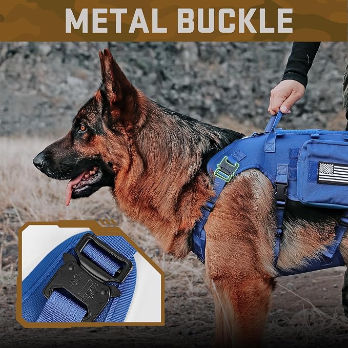 Forestpaw Tactical Dog Harness Tactical Dog Collar with Bungee Leash Set,No Pull Military Dog Harness for Walking Training,Adjustable for Medium Dogs,Blue,Chest 17-25"