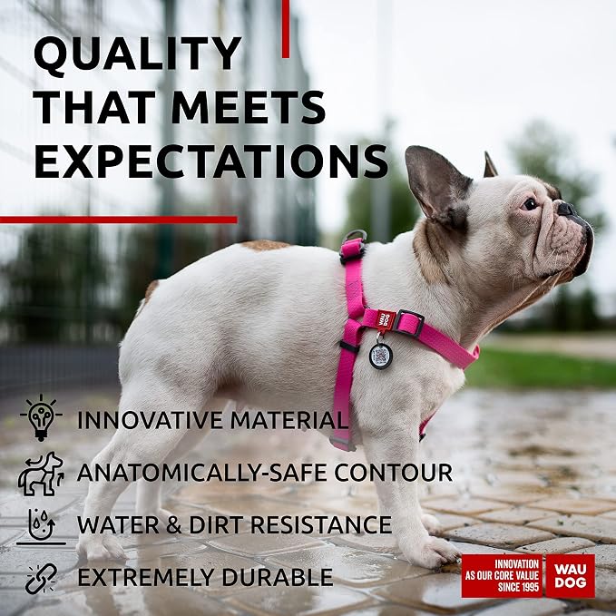 WAUDOG Waterproof Dog Harness - Adjustable for Large, Medium & Small Dogs - Heavy Duty with Durable Metal Clasp & QR Dog Tag - Pink (20-32in)