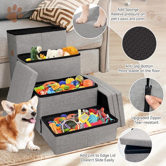 Zerbuger Dog Stairs with Storage, Grey 4 Steps Dog Ramp with Condo for Bed | 23" H Wider Dog Steps for High Beds Couch, Folding Storage Pet Stairs Gift for Climbing Small/Medium/Large Old Dogs Cats