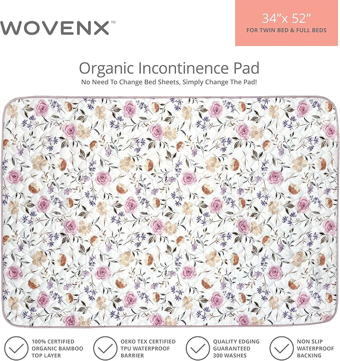 Organic Incontinence Pads for Kids & Toddlers - 5 Layer Waterproof Protectors for Overnight Bed Wetting - Reusable & Washable Pee Pads - Fits Twin to Full Size Beds - 34" x 52" Flower