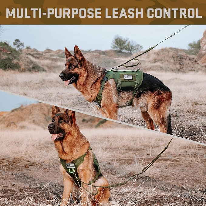 Forestpaw Tactical Dog Harness Tactical Dog Collar with Bungee Leash Set,No Pull Military Dog Harness for Walking Training,Adjustable for Medium Dogs,Green,Chest 17-25"