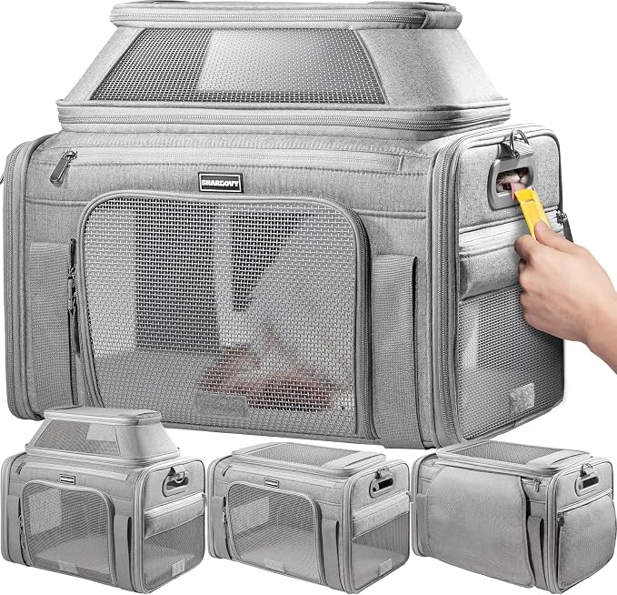 Top-Expandable Pet Carrier with Treat Pet Window,17x11x9.5 Airline Approved | for Alaska Hawaiian,Soft-Sided Dog Carrier, Anti-Scratch Mesh, Lockable Zippers,Cat Carrier for Kitten,Rabbit,Puppy,Grey