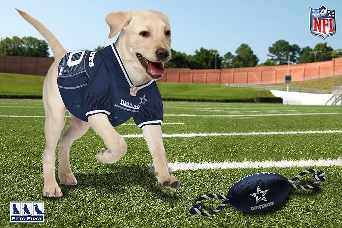 NFL Dallas Cowboys PET GIFT BOX with 2 Licensed DOG TOYS, 1 Logo-engraved NATURAL DOG TREAT, 1 NFL JERSEY, 1 NFL Puppy Training Bells & 1 Car Seatbelt