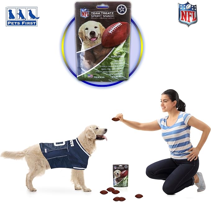NFL Dallas Cowboys PET GIFT BOX with 2 Licensed DOG TOYS, 1 Logo-engraved NATURAL DOG TREAT, 1 NFL JERSEY, 1 NFL Puppy Training Bells & 1 Car Seatbelt