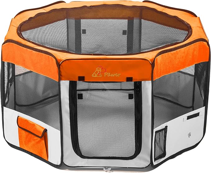 Pawer 36”×18.5” 8-Panel Foldable Pet Playpen, Orange+Grey, Personalize Embroidery Extra Fabric Piece Available, for Cat/Dog/Puppy, 600D Oxford Cloth Portable Indoor & Outdoor Kennel with Carry Bag