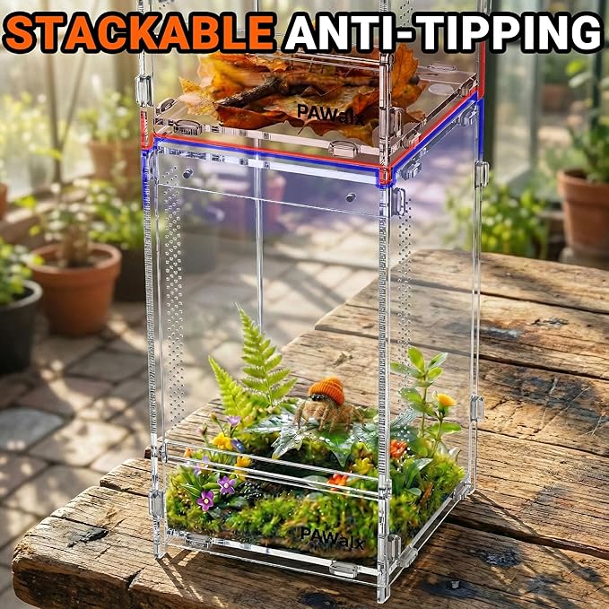 Jumping Spider Enclosure, Acrylic Terrarium with with Magnetic Doors, 0.8mm Micro-Ventilation, Stackable Escape-Proof Habitat for Jumping Spiders, Tarantulas & Small Reptiles, 4.7"x4.7"x9"
