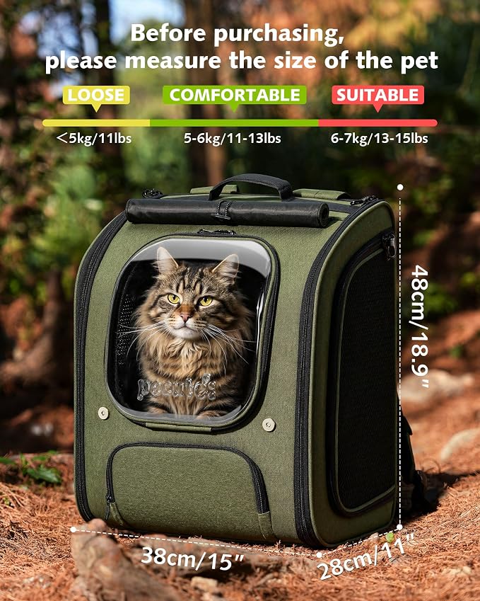 Pecute Cat Backpack Carrier,Large Space Cat Bubble Backpack,Ergonomic,Green | XXL,Sunshade Curtain,Transparent Window,Safety Rope,Sturdy,Large Mesh on Both Side for Breathability,Suitable for Outdoor,Vet