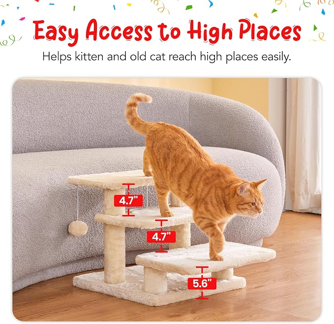 15''H Multi-Step Pet Stairs for High Beds & Sofas, 3-Step Cat Stairs with 2 Toy Balls, Wide Boards for Indoor Kittens Dogs Pets Climbing, Beige