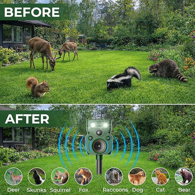 (2 Pack) Solar Ultrasonic Animal Repellent Outdoor, Motion Activated, IP65 Waterproof, Discourage Unwanted Animals in Yard, Deer, Coyote, Cats, Squirrel, Raccoon & Skunk with LED Flashing Lights