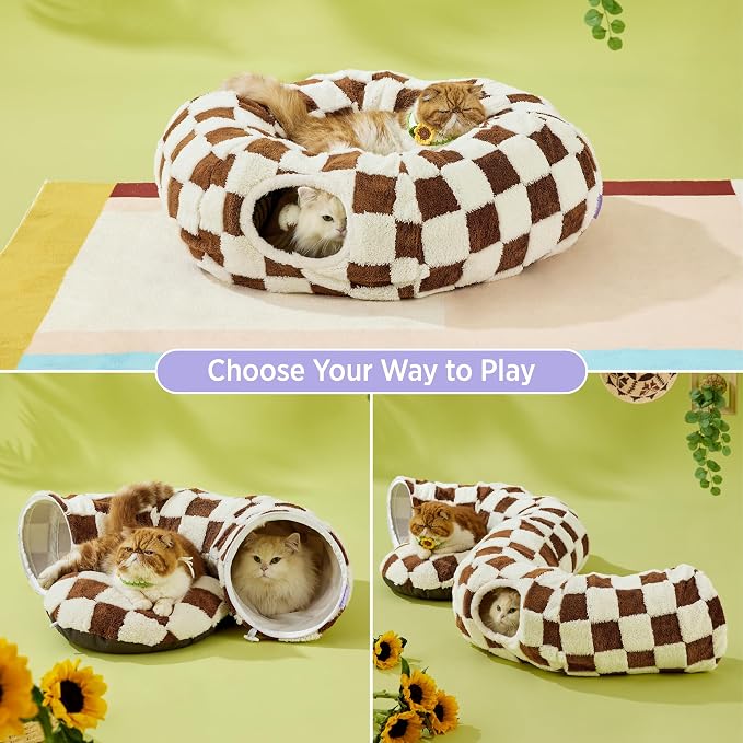 Lesure Donut Cute Jacquard Cat Tunnel Bed Kitten Toys for Puppy Bunny | 33.5x33.5x10in,Round Cat Bed Tube for Indoor Cats Rabbit Dog,Pet Peekaboo Cave Toy,Spiral Hideaway,Washable Cushion,Brown