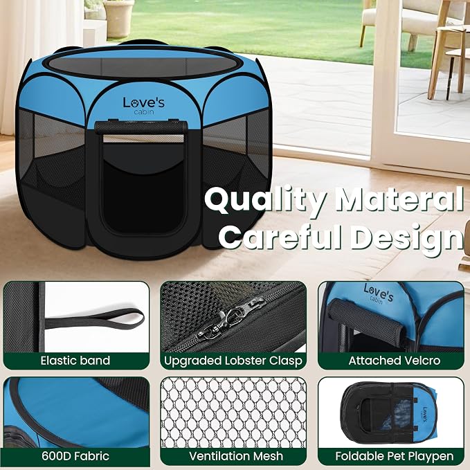 Love's cabin Pet Puppy Dog Playpen, Medium Dog Tent Crates Cage Indoor/Outdoor, Portable Playpen for Cat, Foldable Pop Up Dog Kennel Playpen with Carring Case, Removable Zipper Top, Blue