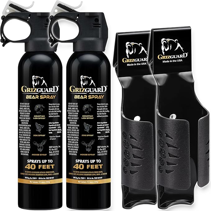 Griz Guard 260GG2 Bear Spray W/Holster 40 ft Range, Max Strength, EPA-Registered Spray for Bears, Mountain Lions, Coyotes, Dogs, & Moose, Outdoor Hiking & Camping Protection, Glow Safety, 9.2oz, 2PK