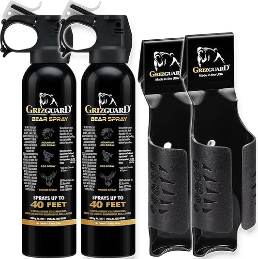 Griz Guard 260GG2 Bear Spray W/Holster 40 ft Range, Max Strength, EPA-Registered Spray for Bears, Mountain Lions, Coyotes, Dogs, & Moose, Outdoor Hiking & Camping Protection, Glow Safety, 9.2oz, 2PK