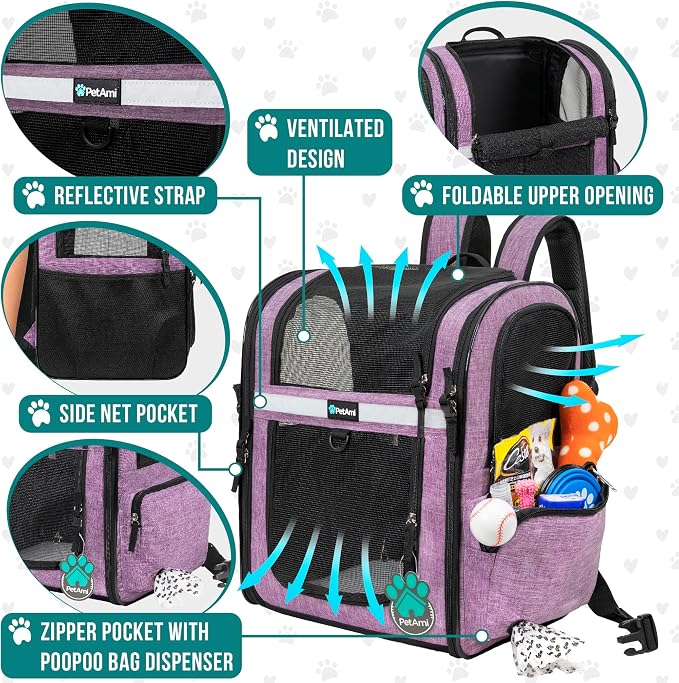 PetAmi Dog Backpack Carrier, 4-Way Entry Ventilated, 18 lbs, Purple | Sherpa Bed Included, Foldable Load-In Top, Safety Reflective Strap, Breathable Mesh, Poop Bag Dispenser, Padded Back Support