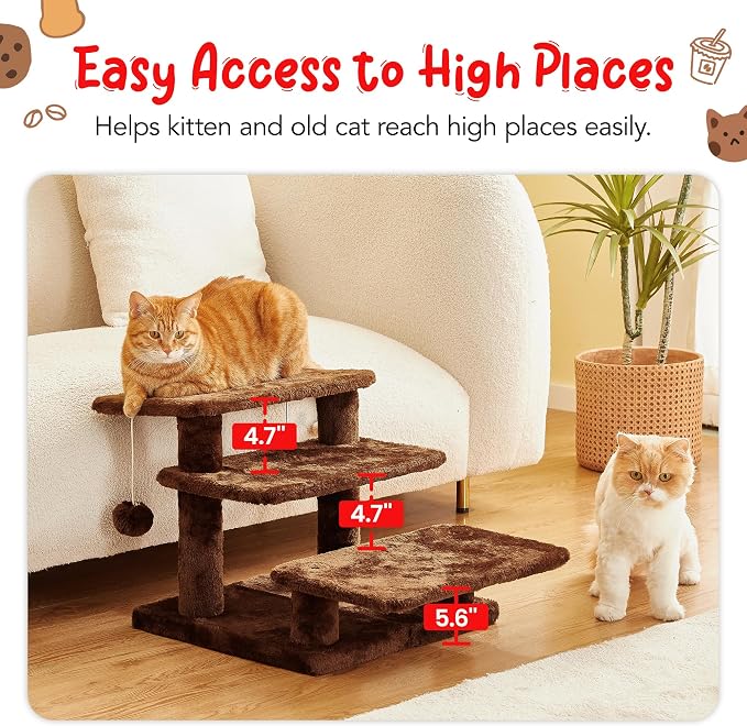 15''H Multi-Step Pet Stairs for High Beds & Sofas, 3-Step Cat Stairs with 2 Toy Balls, Wide Boards for Indoor Kittens Dogs Pets Climbing, Brown