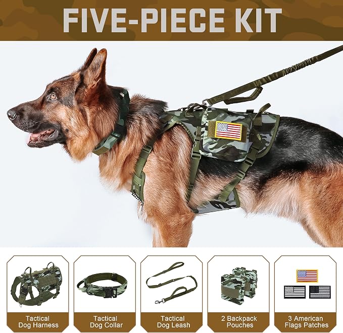 Forestpaw Tactical Dog Harness Tactical Dog Collar with Bungee Leash Set,No Pull Military Dog Harness for Walking Training,Adjustable for Medium Dogs,Camouflage Green,Chest 17-25"