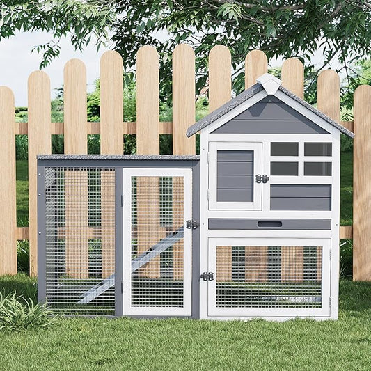 2-Story Rabbit Hutch, Small Wooden Chicken Coop, with Waterproof Roof, Pull Out Tray and Anti-Slip Ramp, Bunny Cage for Indoor Outdoor (45.28" L x 20.08" W x 36.61" H)