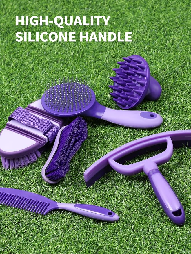 Harrison Howard Horse Grooming Kit 9 Piece with Tote Bag, Non-Slip Horse Brush Set for Shedding, Bathing, Hoof Care, Mane & Tail Grooming, Equine Grooming Supplies Purple