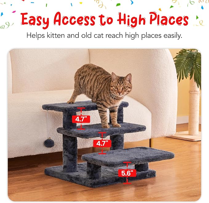 15''H Multi-Step Pet Stairs for High Beds & Sofas, 3-Step Cat Stairs with 2 Toy Balls, Wide Boards for Indoor Kittens Dogs Pets Climbing, Smoky Grey