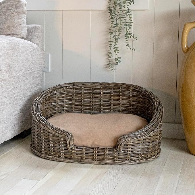 DBD1000A Curvy 28.5" x 17.25" Classic Handwoven Rattan Dog Bed with Machine-Washable Cushion, Kubu Gray