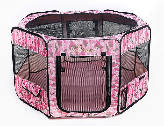 Pawer 45”×24” 8-Panel Foldable Pet Playpen, Pink Camouflage Pattern, Personalize Fabric Piece Available, for Cat/Dog/Puppy, 600D Oxford Cloth Portable Indoor & Outdoor Kennel with Carry Bag