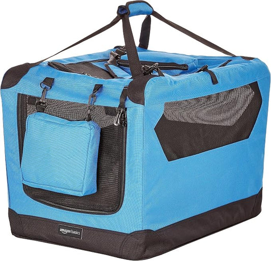 Amazon Basics Portable Soft Pet Dog Crate Carrier Kennel, Foldable, Washable, Up to 25 lbs, 26 x 18 x 18 inches, Blue