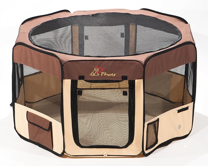Pawer 36”×18.5” 8-Panel Foldable Pet Playpen, for Small Medium Cat/Dog/Puppy, Brown+Beige, 600D Oxford Cloth Portable Indoor & Outdoor Kennel with Carry Bag, Multiple Sizes & Colors Available