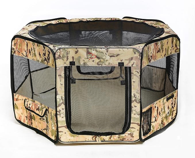 Pawer 36”×18.5” 8-Panel Foldable Pet Playpen, Desert Camouflage Pattern, Personalize Fabric Piece Available, for Cat/Dog/Puppy, 600D Oxford Cloth Portable Indoor & Outdoor Kennel with Carry Bag