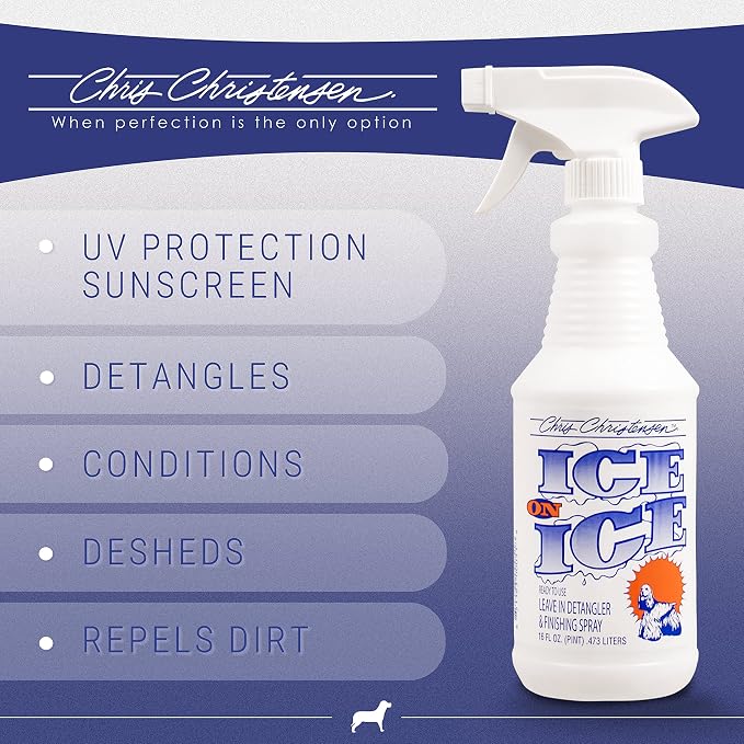 Chris Christensen Universal Slicker Brush and Ice on Ice Finishing Spray Grooming Bundle - Purple, Small - For All Breeds and Coat Types, Detangling, Extra Large Pins, Ready to Use, 16 oz