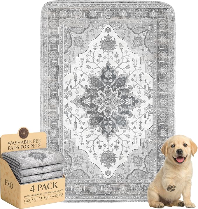 4PACK Washable Pee Pads for Dogs,Great Urine Absorbent Reusable Puppy Training Pads,Waterproof,Leak-Proof & Non-Slip Potty Pads for Whelping,Crate,Playpen,Bed.(Gray Floral,24"x36")