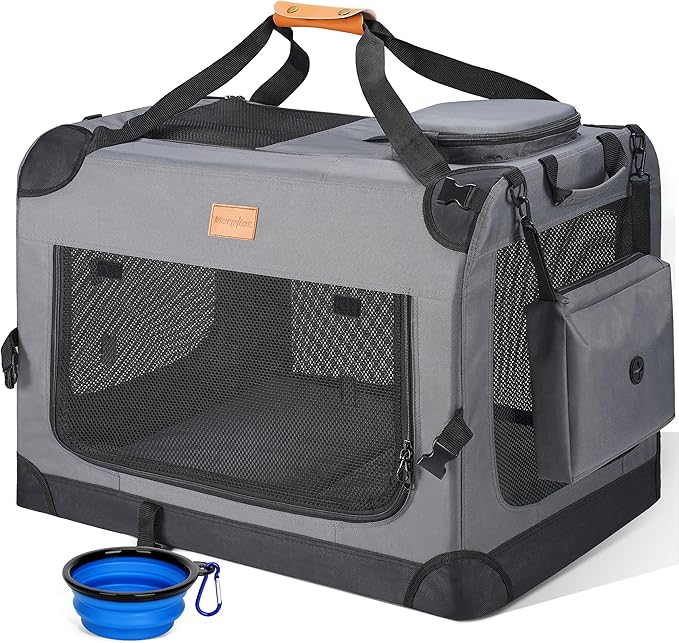 Morpilot 32-inch Portable Collapsible Dog Crate for Dogs up to 70lbs | Travel Dog Crate Soft-Sided for Medium Large Dogs, with Foldable Bowl, Shoulder Strap & Storage Pockets, Grey