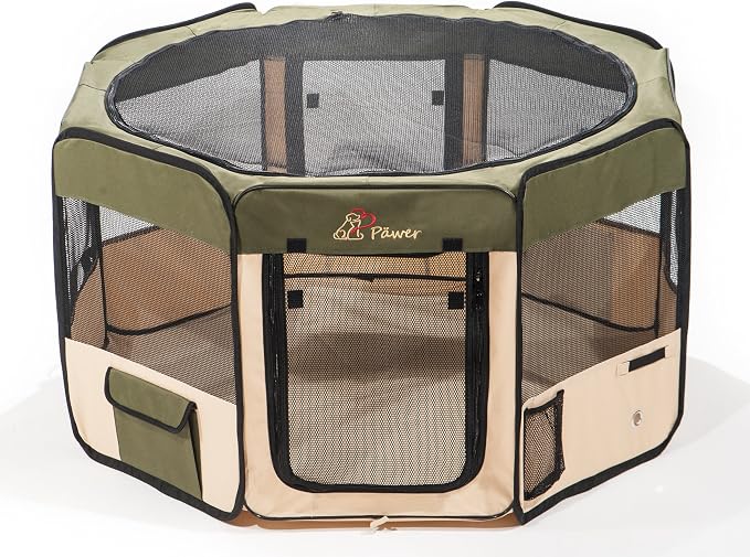 Pawer 36”×18.5” 8-Panel Foldable Pet Playpen, for Small Medium Cat/Dog/Puppy, Olive+Beige, 600D Oxford Cloth Portable Indoor & Outdoor Kennel with Carry Bag, Multiple Sizes & Colors Available