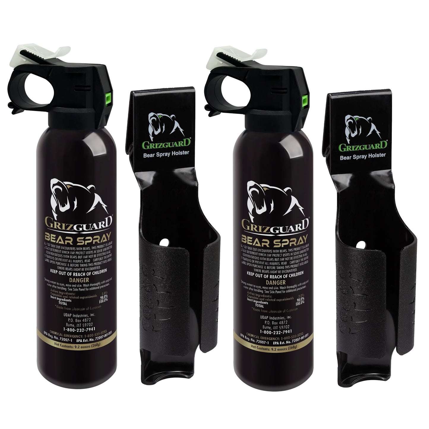 UDAP Griz Guard Bear Pepper Spray Self Defense Deterrent with Holster for Camping Hiking Fishing Powerful Blast Pattern 30 ft Fog Barrier 260GG2 9.2 oz 2 Pack